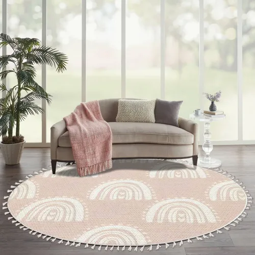 Alfombra redonda bohemia para niños, dibujada a mano sin costuras con arco iris rosa pastel, alfombra de verano para bebé, alfombra de lino,