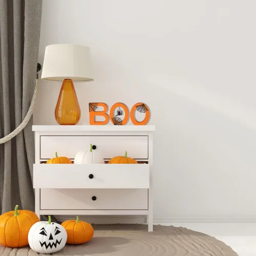Miniatura 3 de Letreros de decoración de mesa de Halloween para interiores, 3 piezas de decoración de madera de Halloween con telarañas, letrero de decoración