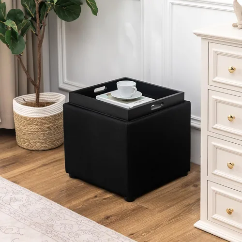 Miniatura 9 de Joveco Otomana Cuadrada con Almacenamiento con Bandeja, Pequeño Taburete de Reposapiés de Corderito, Mesa de Centro para Dormitorio y Sala de Estar