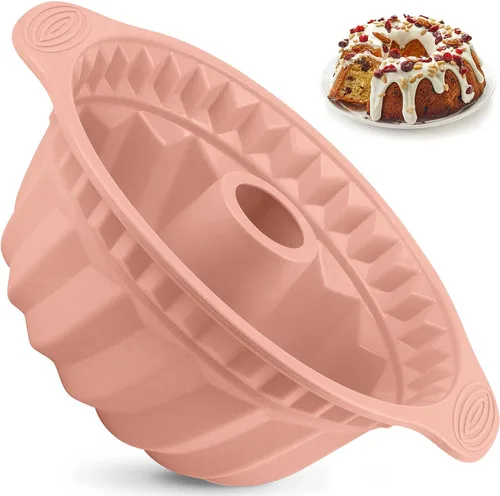 Kenond Moldes para Pasteles de Silicona de 9.5 Pulgadas, Molde para Pastel Acanalado Antiadherente con Mango Resistente, Moldes para Hornear Rosa