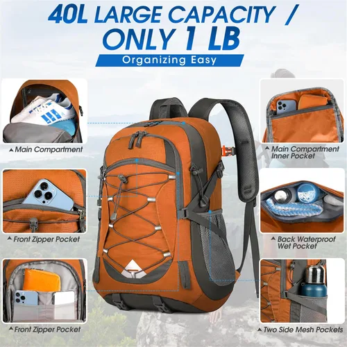Miniatura 5 de IGOLUMON Mochila de senderismo de 40 L, plegable, ligera, mochila de camping para hombres y mujeres, impermeable, mochila de senderismo al aire