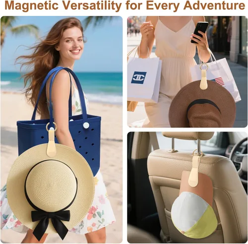 Miniatura 6 de Clip magnético para sombrero para viajes, 2 soportes de silicona color caqui claro para bolsos, bolsos, equipaje y sombreros de playa, clip