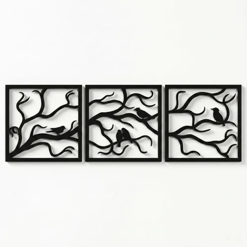 Arte de pared de metal, pájaros en rama, 3 piezas, arte de pared de árbol, letrero de árbol, decoración de pared, decoración interior y exterior, 3