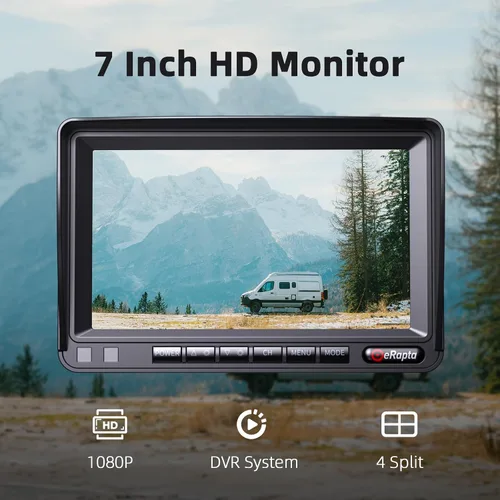 Miniatura 2 de eRapta Kit de sistema de cámara de respaldo HD 1080p, monitor de marcha atrás de 7 pulgadas con grabación dividida cuádruple IP69 impermeable