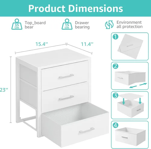 Miniatura 2 de BOLUO Cajones de armario blancos de tela con 3 cajones, cómoda pequeña para organizadores de armario y almacenamiento de dormitorio, estilo moderno