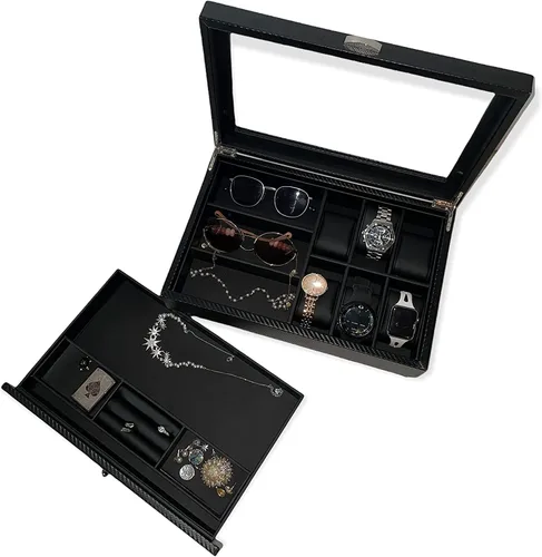 Miniatura 6 de HAUTEROW Caja organizadora de relojes para hombres, caja de joyería, estuche de reloj, organizador de gafas de sol, bandeja de valet, organizador