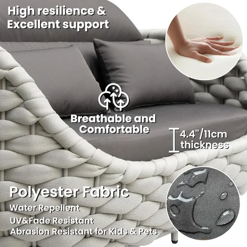 Miniatura 5 de Juego de muebles de patio de cuerda de 4 piezas: conjunto de sofás al aire libre de aluminio acolchado - sofá de conversación moderno ensamblado