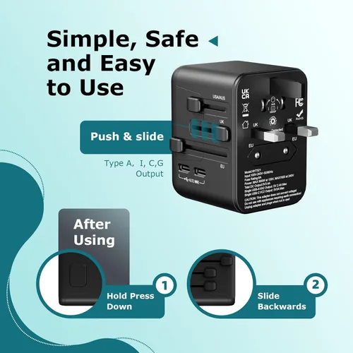 Miniatura 7 de Adaptador de viaje universal, enchufe de alimentación internacional con 2 puertos USB-C y 2 puertos USB-A, cargador de pared mundial para Europa