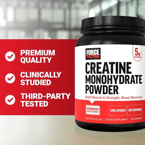 Miniatura 9 de Force Factor Polvo de Creatina Monohidrato, dosis de 5g micronizadas para apoyar el crecimiento muscular, la fuerza, la recuperación, la salud