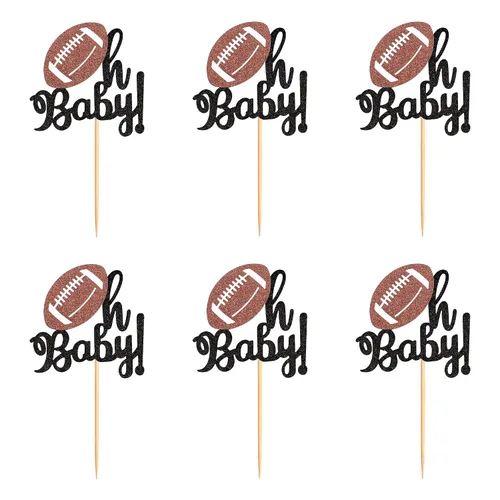 Miniatura 7 de Ercadio Paquete de 24 adornos para cupcakes de fútbol americano Oh Baby - Púas de rugby con purpurina negra para temática deportiva, baby shower
