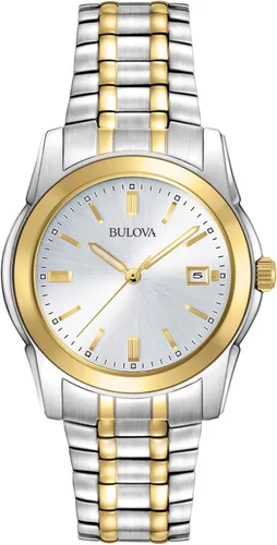 Bulova Reloj clásico de cuarzo con fecha y calendario de 3 manecillas de acero inoxidable de dos tonos para hombre Estilo 98H18, plateado, Vestido