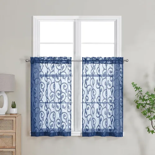 Miniatura 16 de OWENIE Furman - Juego de 2 paneles de cortinas traslúcidas negras de 24 pulgadas de largo, cortinas semitransparentes de jacquard ligeras y aireadas