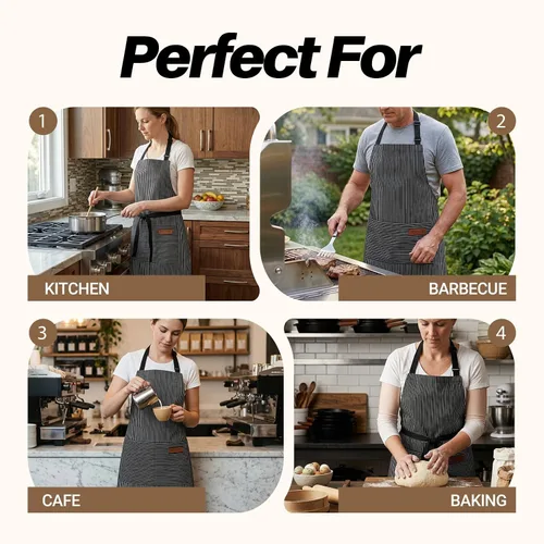 Miniatura 7 de Paquete de 2 delantales de cocina ajustables para mujeres y hombres con 2 bolsillos, delantales con peto de mezcla de algodón y poliéster