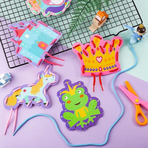 Miniatura 4 de Zonon 8 tarjetas de cordones para niños, tarjetas de costura en 8 patrones, juegos de cordones para desarrollar imaginación, suministros educativos