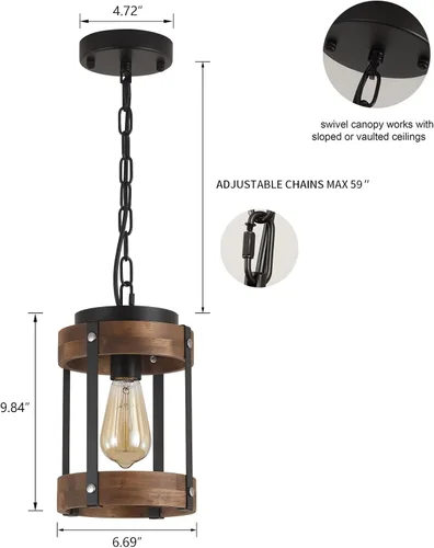 Miniatura 4 de Lámpara colgante de madera rústica de granja con cadena ajustable de una sola luz de madera de roble y farol de metal, iluminación colgante pequeña