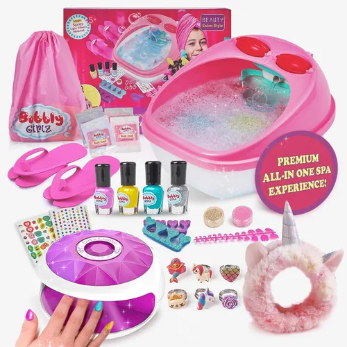 Kit de día de spa para niñas, más de 42 piezas de juguetes de spa con spa de pies en cascada, kit de spa de uñas, accesorios de pedicura y manicura,