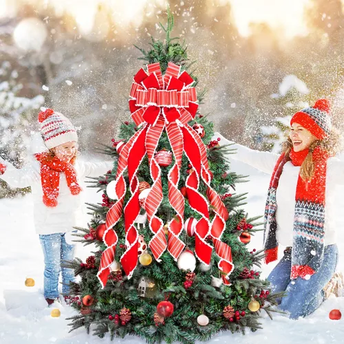 Miniatura 7 de Adorno de lazo grande para punta de árbol de Navidad y corona, lazo con cinta roja de arpillera y borde blanco de poliéster, para hogar, Acción