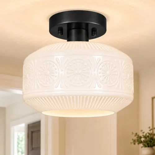 DSMJFU - Lámpara de techo semiempotrada negra, lámpara de techo pequeña vintage, accesorio de iluminación de pasillo de vidrio blanco grueso, luz de