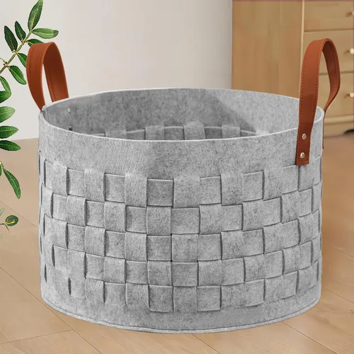 Miniatura 13 de BOLDMONKEY Cesta de lavandería de 20 x 20 x 11.8 pulgadas, canasta grande de tela de fieltro con asa de cuero, cesta redonda para ropa sucia