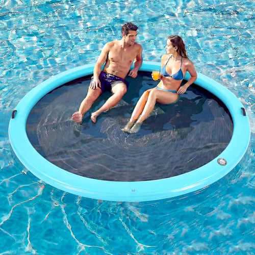 Miniatura 35 de 6-12FT Round Inflatable Floating Dock, Sunchill Float Ring, Water Hammock Tanning Pool Floats with Woven Fabric, Manual Pump for Quick Azul