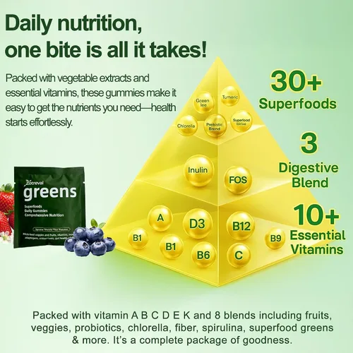 Miniatura 6 de Daily Greens, Superfood - Paquetes de gomitas verdes, suplemento de clorella y espirulina con más de 20 prebióticos orgánicos, vitaminas y minerales