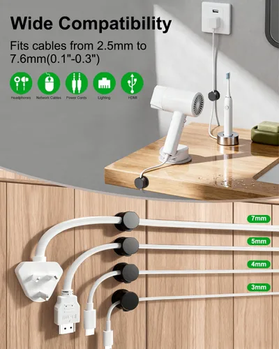 Miniatura 6 de OneLeaf Paquete de 8 clips magnéticos fuertes para cables con rotación de 360°, soporte para cables para mesita de noche, soporte para cargador