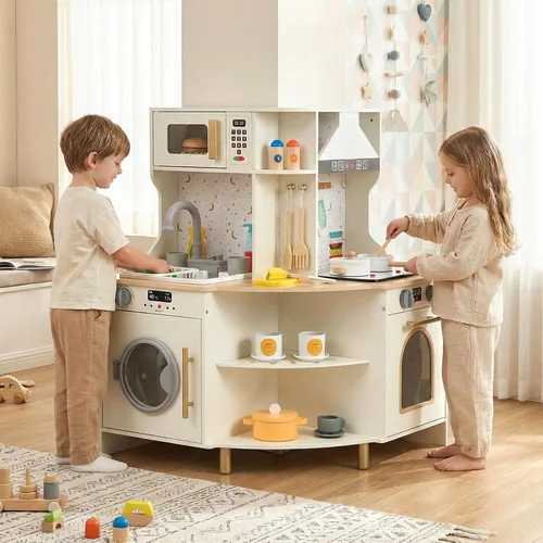 Costzon Cocina de juego de esquina, juego de cocina de juguete de madera con sonido real y luz, grifo giratorio, microondas, horno, campana