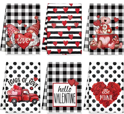 Miniatura 9 de Patelai 6 toallas de cocina para el día de San Valentín, corazones rojos, a cuadros, camión, té, baño, vacaciones, platos, 21.3 x 14.3 pulgadas