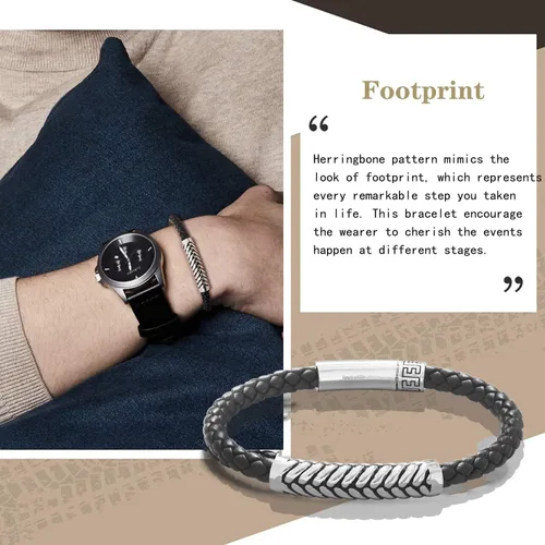 Miniatura 4 de FANCIME Footmark 925 Sterling Silver Herringbone Pattern Genuine Mens Leather Bracelet Braided Rope Spiritual Energy Charm with Push Button Locking