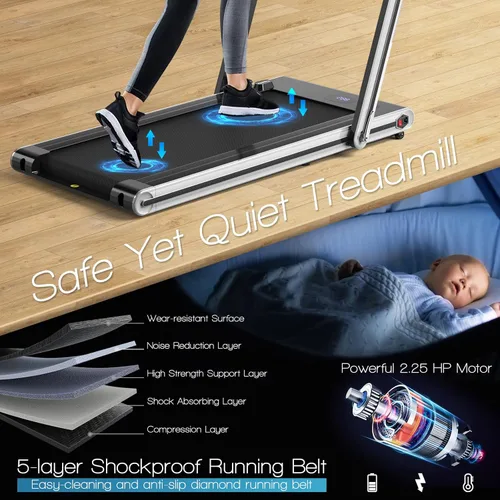 Miniatura 4 de Goplus Caminadora plegable 2 en 1, caminadora eléctrica de 2.25 HP para debajo del escritorio con pantalla LED, altavoz de dientes azules, Plateado
