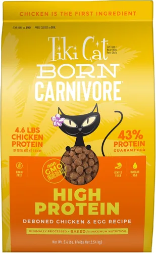 Tiki Cat Born Carnivore - Alimento seco para gatos con alto contenido de proteínas, pollo deshuesado y huevo, bolsa de 5.6 libras