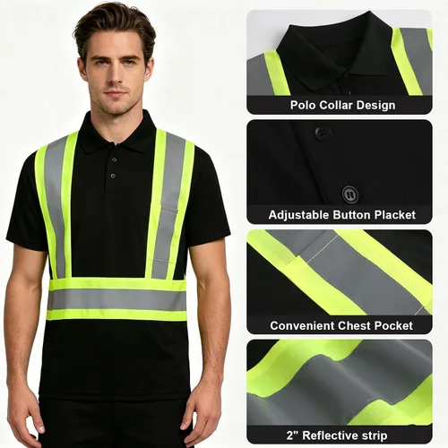 Miniatura 4 de Polo de seguridad para hombre, camisa de seguridad ANSI Clase 2, camisa reflectante con parte inferior negra para hombres