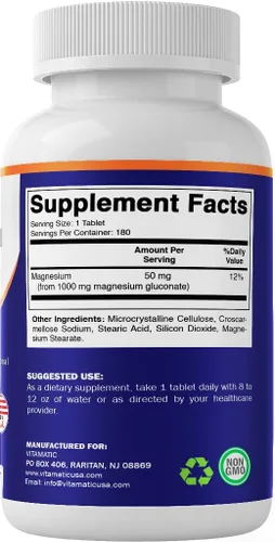 Miniatura 8 de Vitamatic Gluconato de magnesio 1000 mg - 180 tabletas vegetarianas (sin recubrimiento) - Apoya la salud muscular, nerviosa y cardíaca*