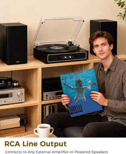 Miniatura 5 de Tocadiscos retro Bluetooth con altavoces integrados, tocadiscos de 3 velocidades por correa, control de graves y agudos, reproductor de vinilo Negro