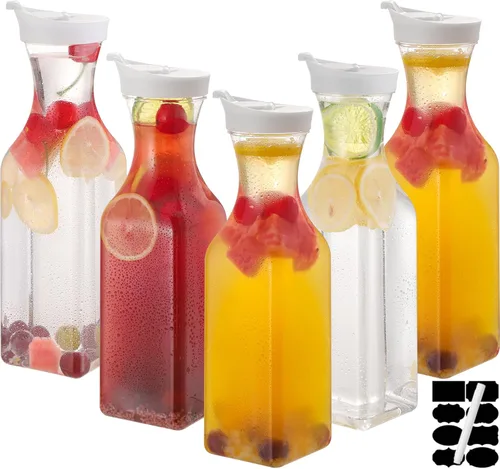 Miniatura 9 de 3 piezas Jarra de agua de plástico de 32 oz con tapa abatible, contenedores de jugo de base cuadrada, jarra de suministros para bar de mimosa