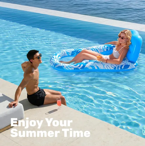 Miniatura 8 de Sloosh Flotadores inflables para piscina, tumbona para adultos, flotador de piscina flotante, silla reclinable flotante con portavasos y reposapiés