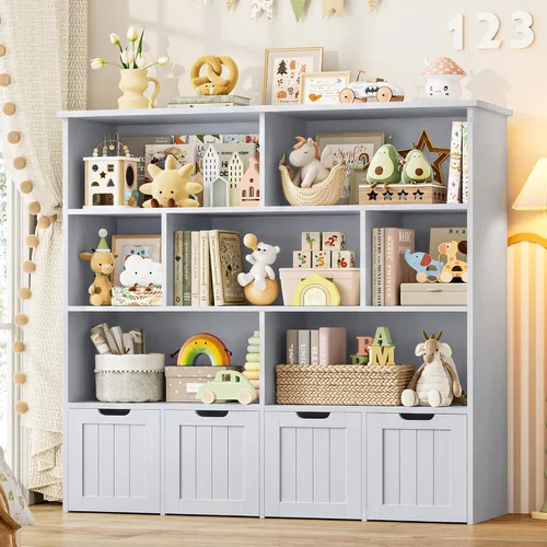 FINETONES Organizador de almacenamiento de juguetes, estantería para niños con 4 cofres móviles y 7 cubos de almacenamiento, organizador de