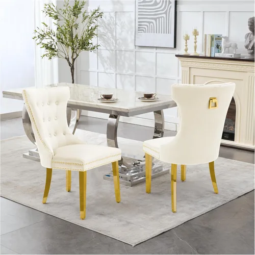 Miniatura 30 de adochr Juego de 2 sillas de comedor de terciopelo, sillas de cocina tapizadas con patas de metal, respaldo abotonado moderno con anillo de tracción