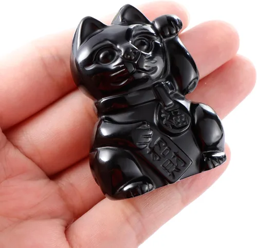 Miniatura 3 de Artistone Black Obsidian Crystal Maneki Neko Money Feng Shui Fortune Lucky Cat Collectible Figurine Gemstone Sculpture for Attract Wealth Good Luck