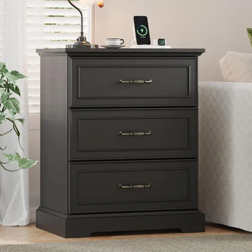Miniatura 3 de Cómoda rústica de 3 cajones para dormitorio, cómoda moderna de 24 pulgadas de ancho con cajones profundos y asas de barra, mesita de noche de madera