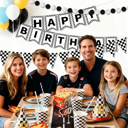 Miniatura 5 de Fuyoooo 4 banderas de feliz cumpleaños a cuadros en blanco y negro con bandera de carreras, banderas de fiesta, incluidas decoraciones de fiesta