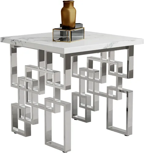 AUZ Mesa auxiliar plateada, moderna mesa auxiliar cuadrada para sala de estar con parte superior de mármol sintético blanco y base geométrica de