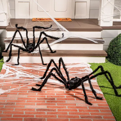 Miniatura 7 de JOYIN Paquete de 2 decoraciones de Halloween para exteriores de 5 pies, araña negra peluda, araña gigante aterradora, accesorios falsos grandes