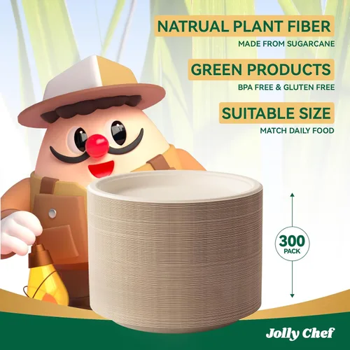 Miniatura 6 de JOLLY CHEF Platos compostables resistentes de 9 pulgadas [paquete de 300 unidades] Platos de papel natural desechables ecológicos, bagazo Marrón