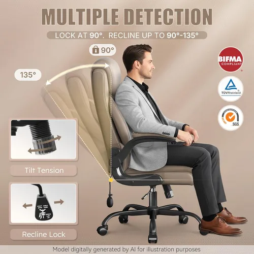 Miniatura 5 de Silla ergonómica de oficina, silla de computadora de escritorio para el hogar, silla ejecutiva de respaldo alto, silla ergonómica de cuero acolchada