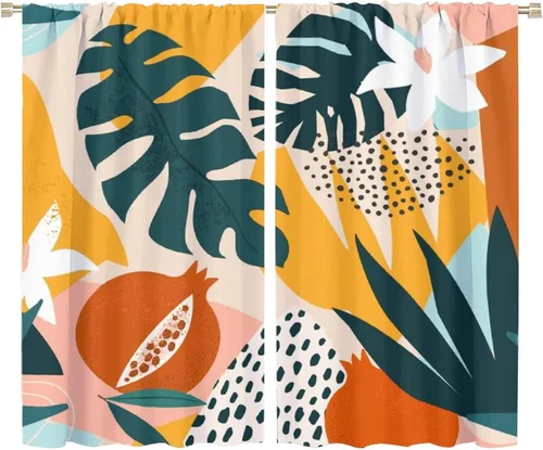 Miniatura 40 de Cortinas opacas de arte abstracto de mediados de siglo para dormitorio, cortinas modernas de estilo bohemio con hojas geométricas florales, cortinas