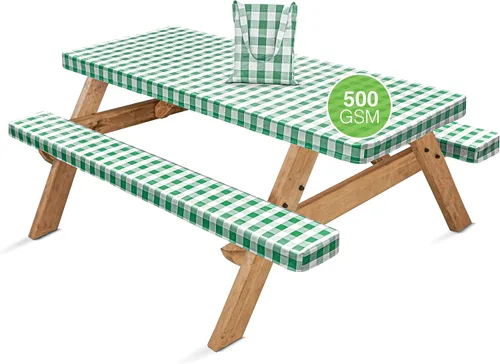 Miniatura 10 de Funda de mesa de picnic con fundas de banco, 500 GSM, reutilizable, de vinilo resistente, para exteriores, mantel de picnic impermeable con funda