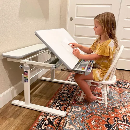 Miniatura 4 de Mount-It! Escritorio ajustable para niños con escritorio inclinable, mesa de estudio de altura ajustable con cajón de almacenamiento, escritorio