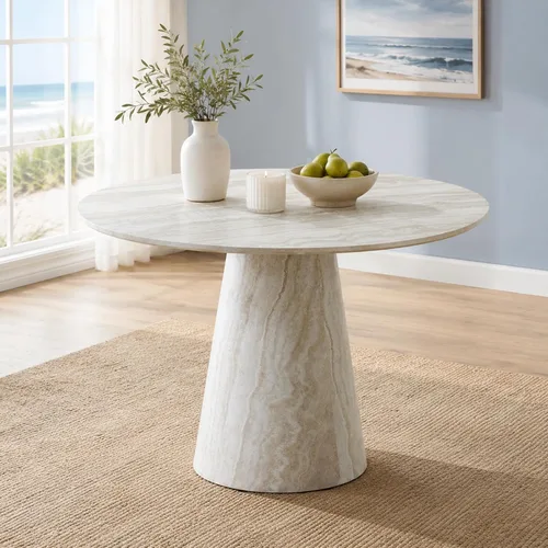 Mesa de comedor redonda de 45 pulgadas, moderna mesa de madera de imitación de mármol, mesa gruesa y espaciosa con base de pedestal, fácil de