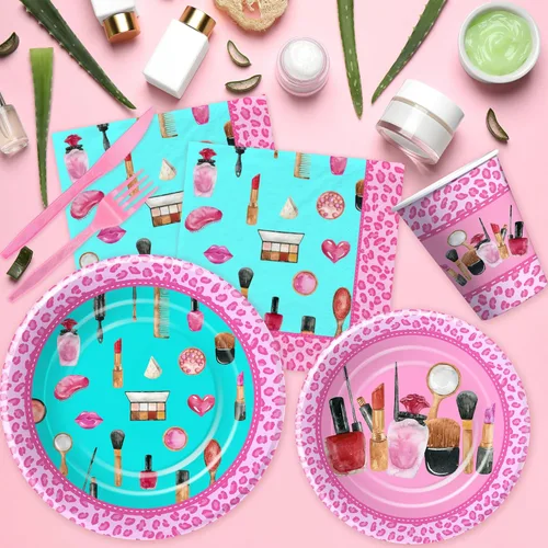 Miniatura 4 de Suministros de fiesta de cumpleaños de spa para niñas, decoración de fiesta de maquillaje para el día de spa, vajilla, plato de papel, taza